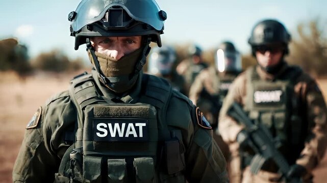 A closeup shot of a soldier in tactical gear, wearing a helmet with a face mask and a vest with the word SWAT on it. The soldiers face is partially obscured by the helmets visor.
