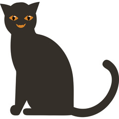 Sitting Black Cat With Orange Eyes And Smiling Mouth on Transparent Background Simple Graphic Illustration