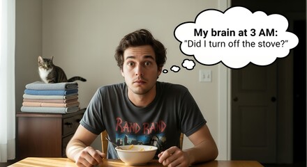 Young Man Sitting at Table with Bowl of Food Thinking About Sleepy Morning