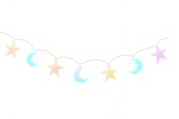Pastel stars and crescent moon garland, decorative string light elements, celestial celebration, transparent background
