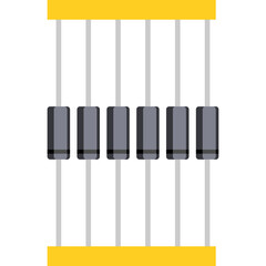 Six identical gray electronic diodes with black bands arranged vertically on white background with yellow borders on top and bottom