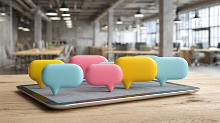 Modern Office Communication: Speech Bubbles on Tablet Display for Social Media and Collaboration