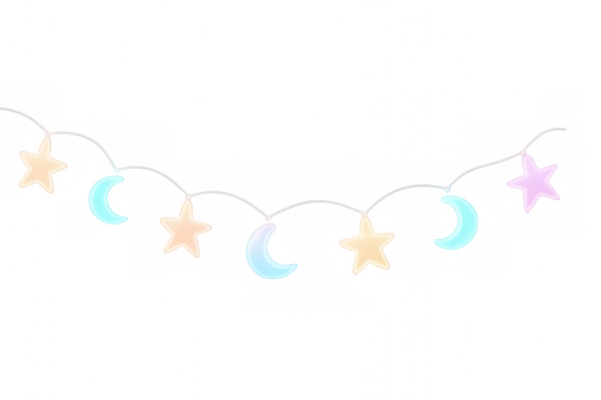 Pastel stars and crescent moon garland, decorative string light elements, celestial celebration, transparent background