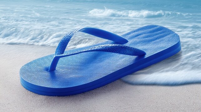 Blue Flip Flop on Sandy Beach with Ocean Waves, Vacation Summer Vibes