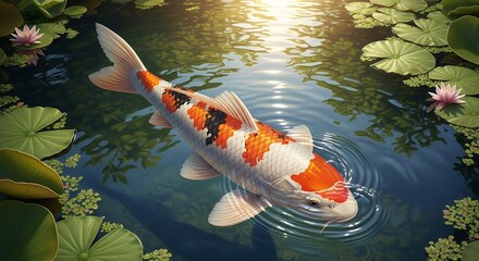 Colorful Koi Fish Swimming in Calm Water with Water Lilies and Sunlight Reflection
