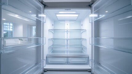 Empty Refrigerator Interior with Shelves and Drawers, Representing Food Scarcity or Healthy Eating Lifestyle