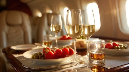 Luxury In-Flight Dining Experience: Gourmet Food and Wine Service on a Private Jet at Golden Hour