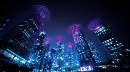 Futuristic Cityscape with Wireless Communication Signals: Modern Urban Technology and Connectivity