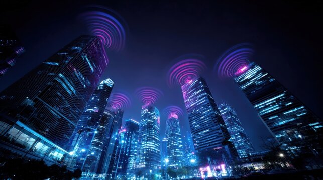 Futuristic Cityscape with Wireless Communication Signals: Modern Urban Technology and Connectivity