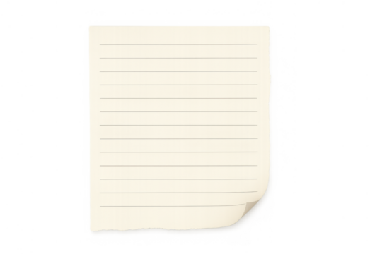 Empty lined paper sheet with torn edges and curled corner, creating a blank note isolated on transparent background