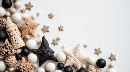 Obraz premium Festive Christmas Decorations with Star Cookies and Pinecones on White Background