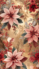 手描きのポインセチアと枝葉を精緻に連ねた上質なシームレス模様が冬の祝祭感を静かに高める縦構図のフローラル背景. 生成AI