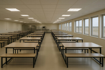 Spacious industrial cafeteria interior with wooden tables and bench seating in bright natural lighting