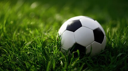 Classic Soccer Ball on Green Grass Field: Close-Up View for Sports and Recreation