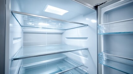 Fototapeta premium Empty Refrigerator Interior with Glass Shelves, Door Compartments, and Integrated Lighting for Food Storage