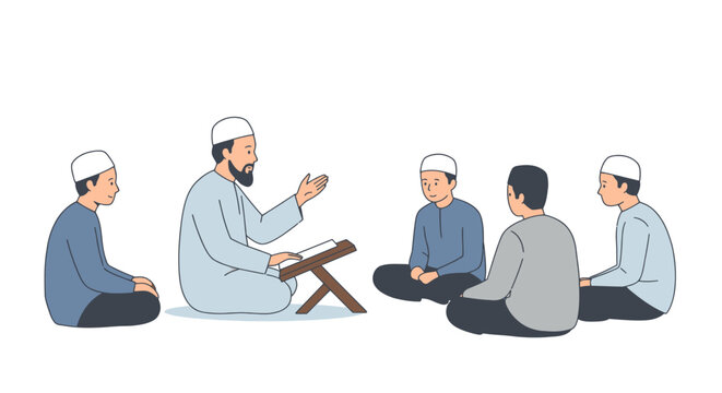 A Muslim teacher instructs young boys in Islamic studies, reading from a holy book in a traditional, educational setting, promoting cultural learning.