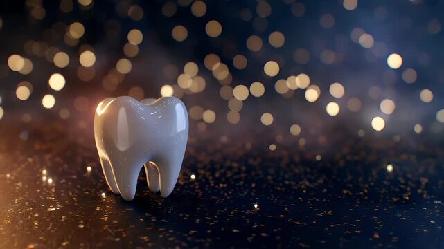 Tooth dental health concept. A closeup of a glossy, white tooth on a reflective surface with a bokeh background. The tooth is the main subject, with its intricate details and smooth texture visible.