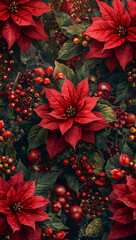 真紅の花弁と深緑の葉を丁寧に配置し継ぎ目の見えない連続設計でカードや包装にも映える洗練のクリスマス柄背景. 生成AI