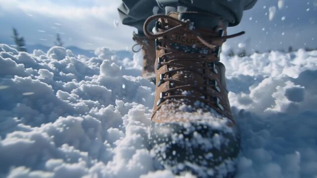 Hiking boots on snowy ground, laces tied, outdoor winter adventure, crisp white snow, rugged footwear for cold trails, fresh powder scene