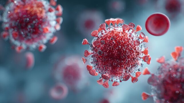 Microscopic View of Virus Cells Floating with Red Blood Cells, Scientific Visual Representation