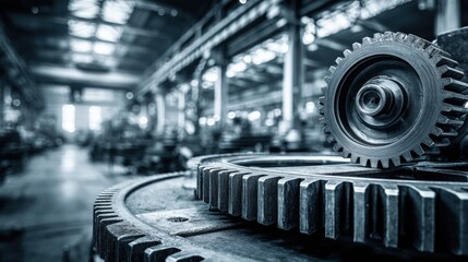 Industrial Gears Close-Up: Precision Engineering and Manufacturing in a Factory Setting, Showcasing Mechanical Components and Technological Prowess
