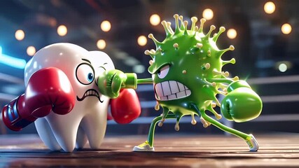 3D animated tooth character with boxing gloves in a boxing stance, set against a backdrop of a boxing ring with blurred lights. The tooth character is white with a distressed expression.