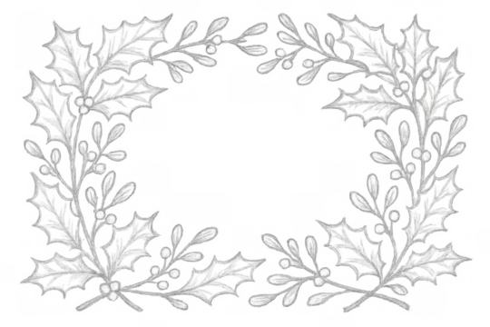 White holly and mistletoe winter wreath forming an elegant frame, decorative christmas border on transparent background