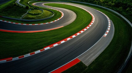 Aerial view of a curved race track surrounded by green grass on a sunny day