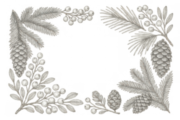 Winter festive frame creating a decorative border with monochrome pine cones and fir branches on transparent background