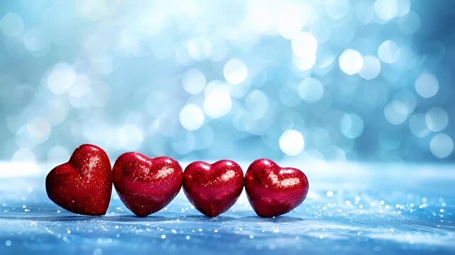 A closeup of two red heartshaped objects on a reflective surface. The background is a soft blue with a bokeh effect, giving the image a dreamy and ethereal feel.