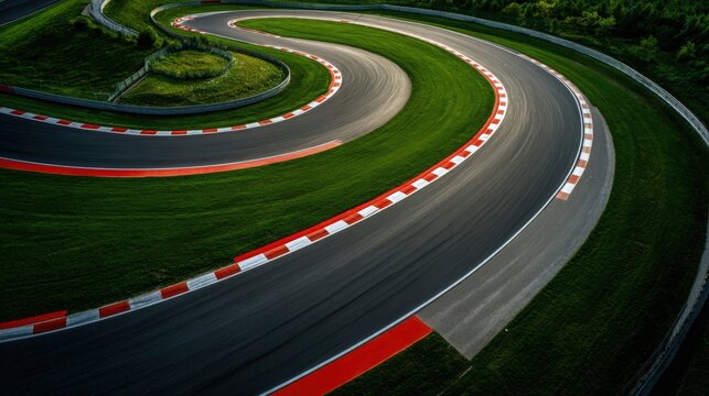 Aerial view of a curved race track surrounded by green grass on a sunny day - Powered by Adobe