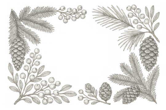 Winter festive frame creating a decorative border with monochrome pine cones and fir branches on transparent background