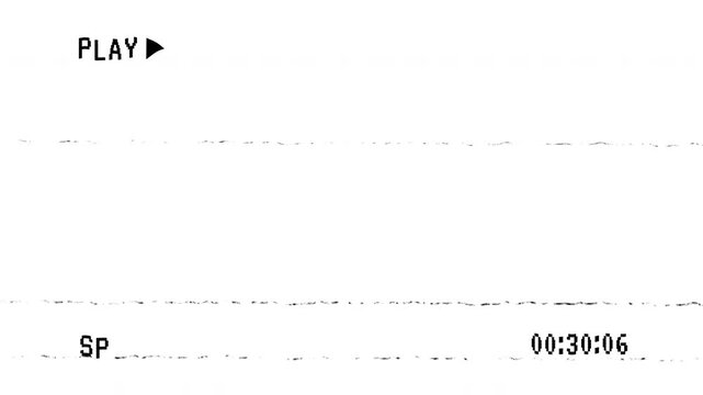 PLAY VHS tape screen and time code with scratches and distortion effect show on white background. 4k video resolution.