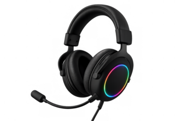 Black gaming headset with rgb lights and microphone for immersive audio experience and communication, isolated on transparent background