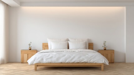 Fototapeta premium Minimalist Bedroom Interior Design with Wooden Bed Frame, Neutral White Tones, and Accent Lighting for Relaxation