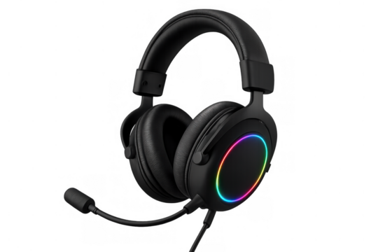 Black gaming headset with rgb lights and microphone for immersive audio experience and communication, isolated on transparent background