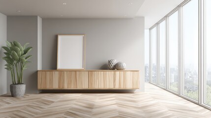 Fototapeta premium Modern Interior Design with Blank Frame, Wooden Cabinet, Potted Plant, and Large Windows in a Spacious Room
