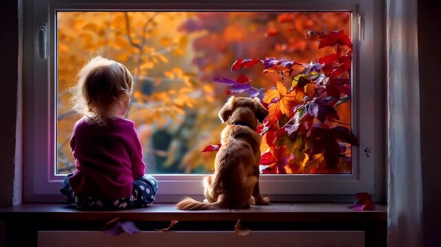 A child and a dog sit on a windowsill, gazing out of a window at a vibrant autumnal landscape. The child is dressed in a purple hoodie and patterned pants.