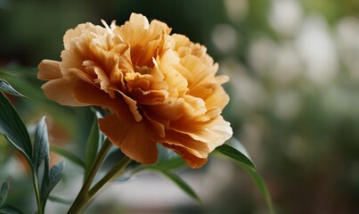 an orange peony-like mountain flower glowing in sunset light, layered petals