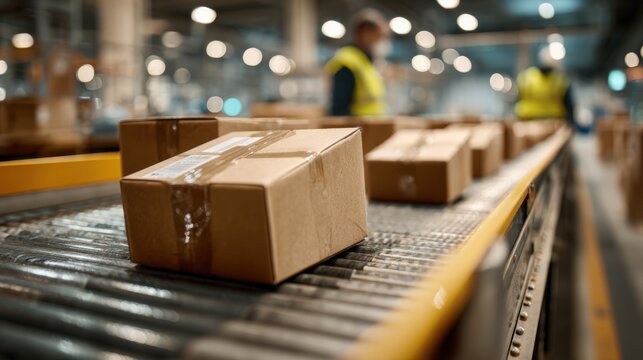Cardboard boxes on conveyor belt in distribution warehouse for shipping, logistics, and supply chain management