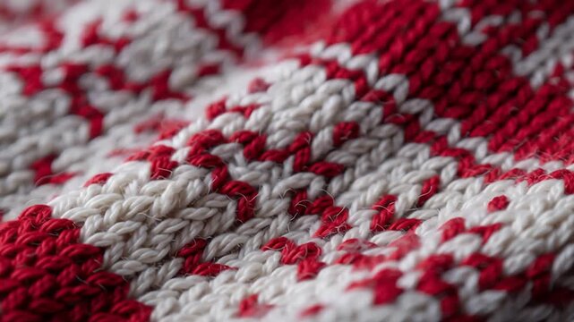 Close-up of red and white knitted wool texture, featuring intricate cable patterns and soft fibers, evoking cozy winter warmth and holiday crafting vibes