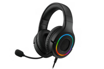 Black gaming headset with rgb lighting and microphone, providing immersive audio experience for online gamers and streamers