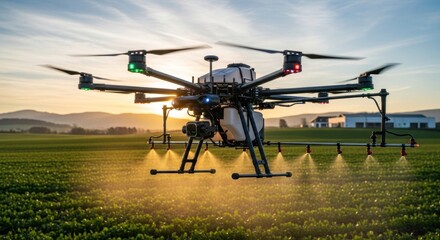 Agricultural Drone Spraying Crops at Sunset: Modern Farming Technology and Innovation