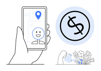 Hand holding smartphone with map and location pin, cheerful avatar, large money sign in circle, and hand watering flowers. Ideal for finance, navigation, technology, sustainability, investment