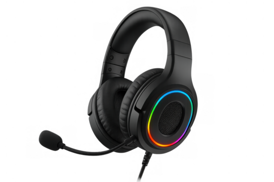 Black gaming headset with rgb lighting and microphone, providing immersive audio experience for online gamers and streamers