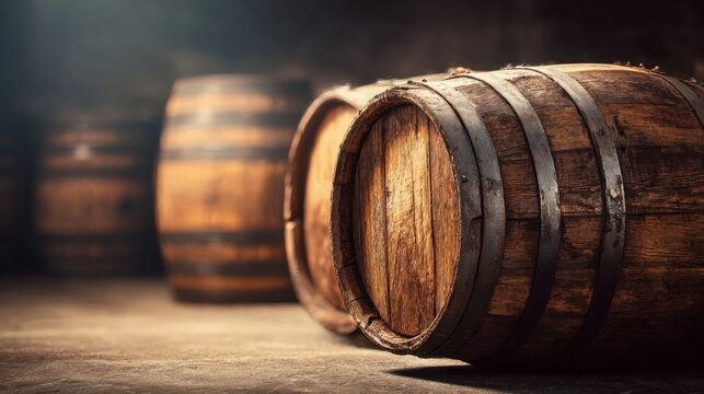 Wooden Barrels in a Dark Cellar: Aging Wine, Beer, or Spirits in Traditional Style