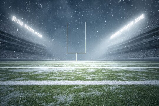 Snowy Football Stadium at Night: Dramatic Winter Sports Scene with Field Goal Posts - Powered by Adobe
