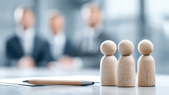 Business Meeting with Wooden Figurines Representing Candidates or Team Members on a Conference Table - Powered by Adobe