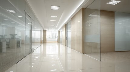 Obraz premium Modern Office Interior with Glass Walls and Open Space, Ideal for Corporate Business or Coworking Concepts