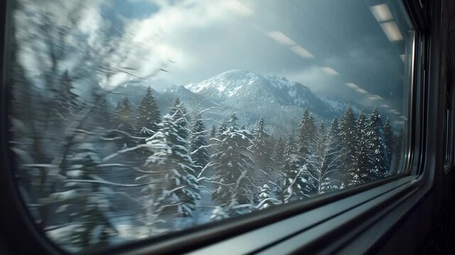 Red train speeding along snowy tracks beside steep alpine mountains and evergreen forests, under vast winter sky. Dynamic European railway adventure in pristine snowscape